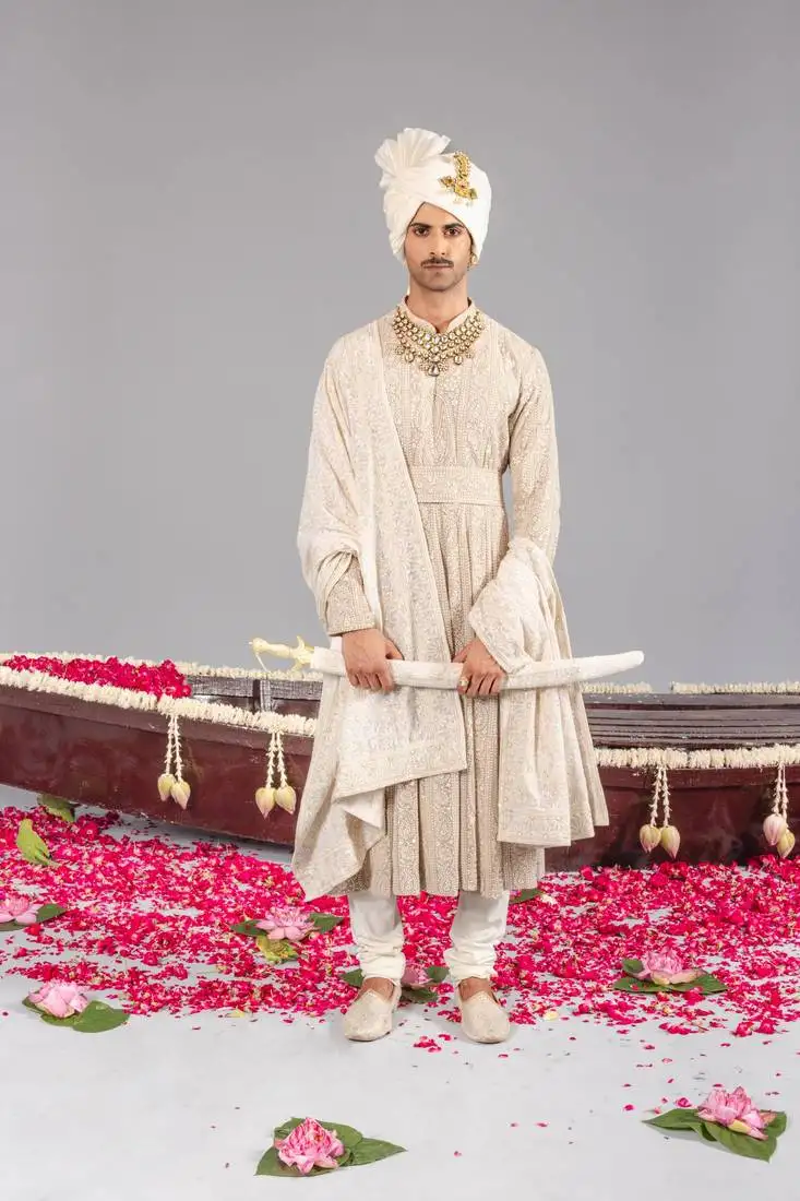 Beige georgette embroidered sherwani set for mens