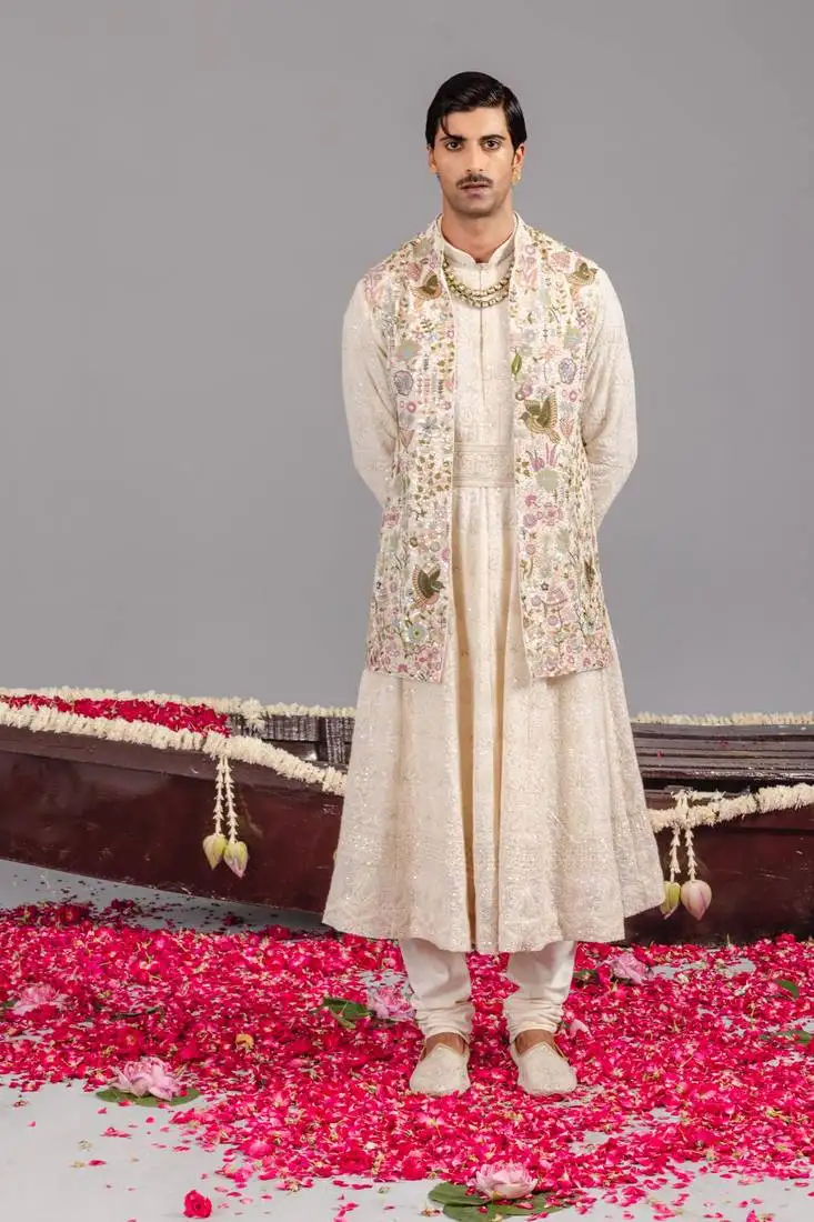 Ivory georgette embroidered anarkali jacket set for mens