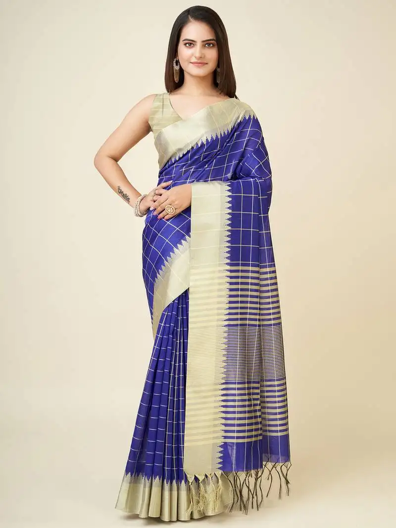 Blue faux raw silk checked khadi thread weaving banarasi saree
