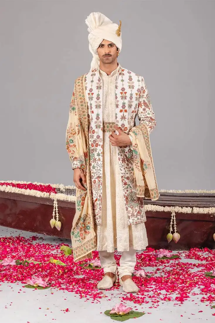 Ivory georgette embroidered sherwani set for mens