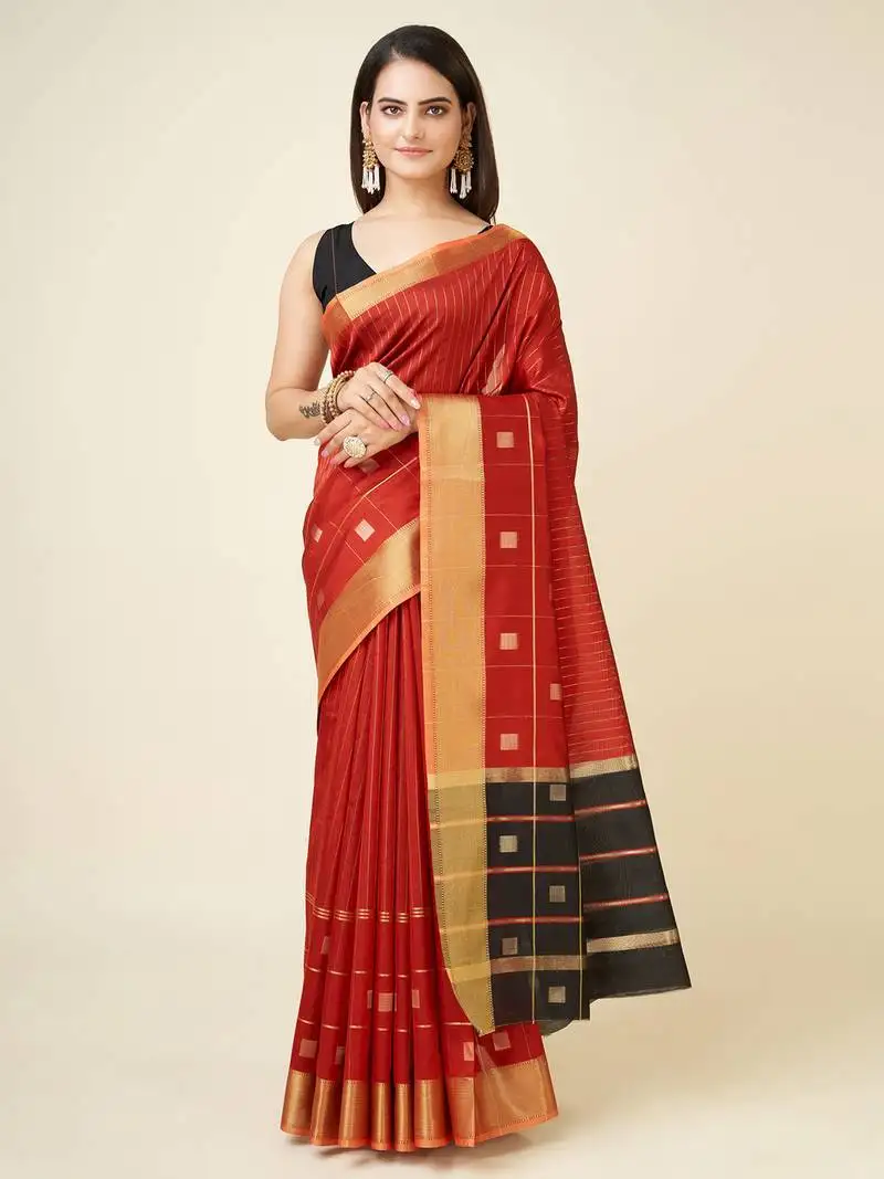 Red faux raw silk striped khadi thread weaving banarasi saree