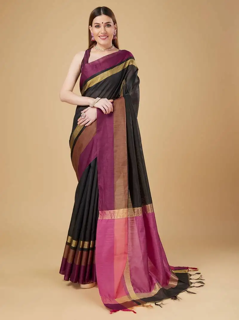 Black faux raw silk plain khadi thread weaving banarasi saree