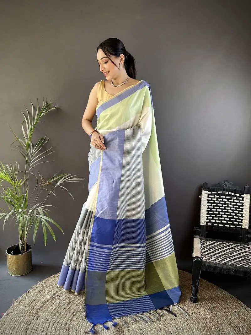 Blue faux raw silk plain khadi thread weaving banarasi saree