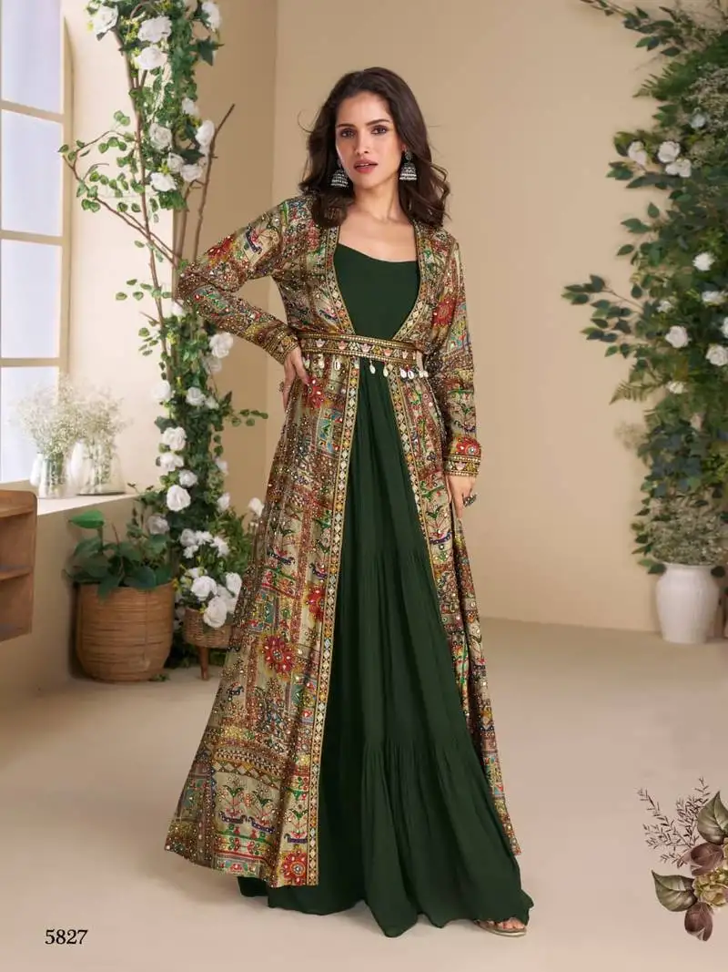 Heavy georgette dark green long top with silk shrug free size upto 42 stitched