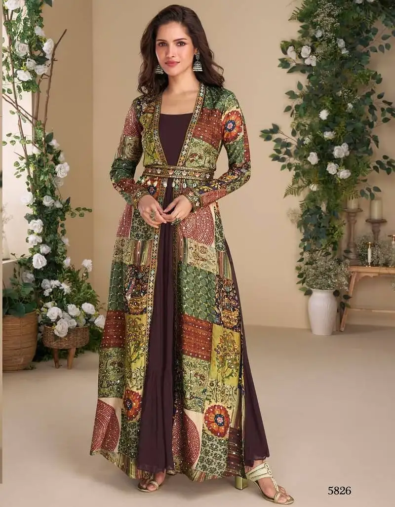 Heavy georgette wine long top with silk shrug free size upto 42 stitched