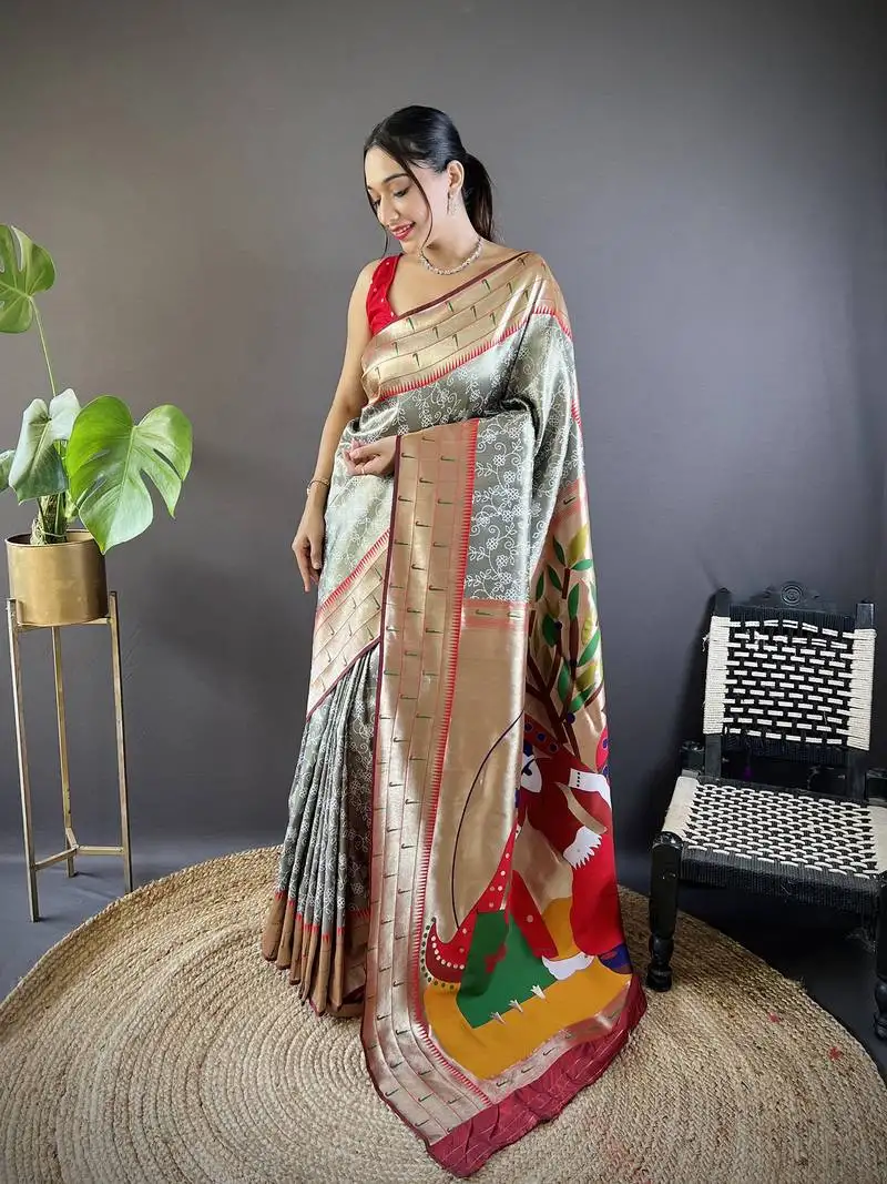 Grey soft silk blend checked zari weaving banarasi saree