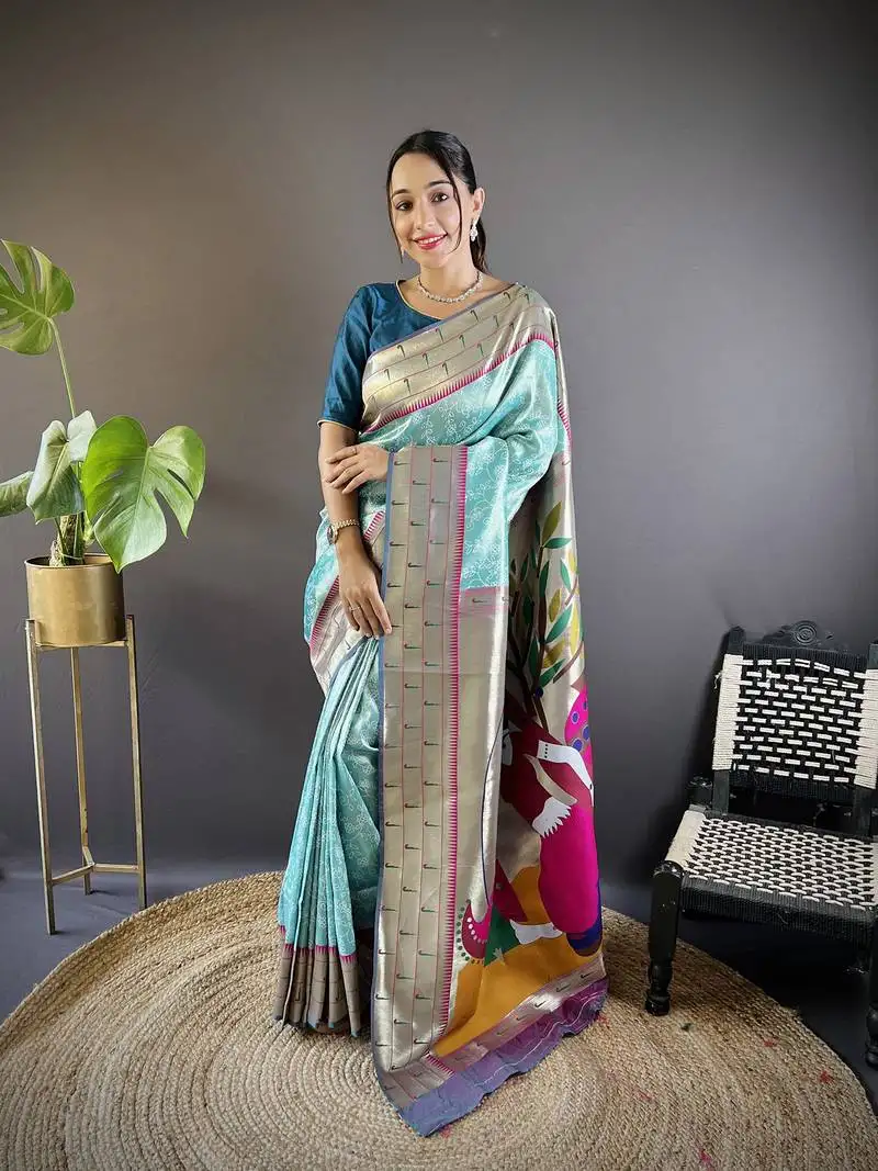 Teal blue soft silk blend checked zari weaving banarasi saree