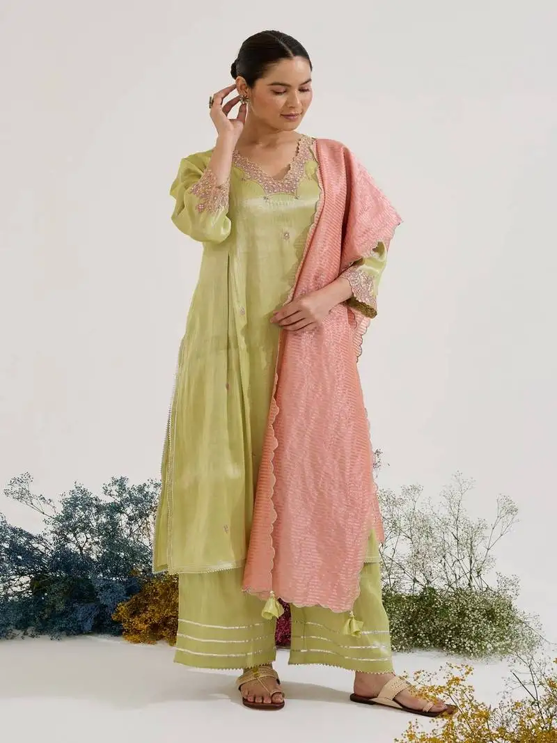 Lime embroidered tissue kurta set