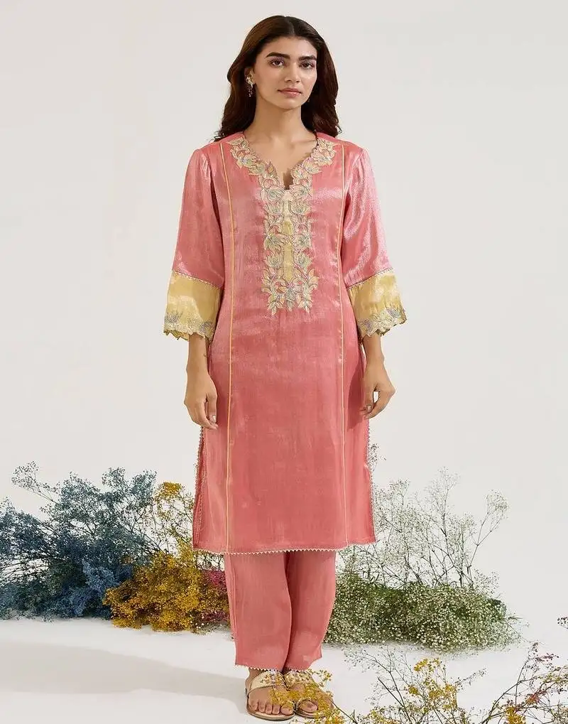 Red embroidered tissue kurta set