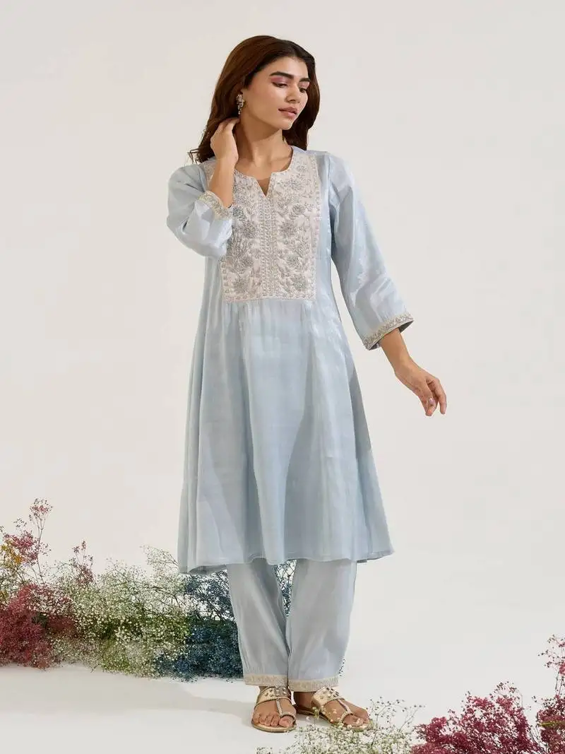 Blue embroidered tissue kurta set