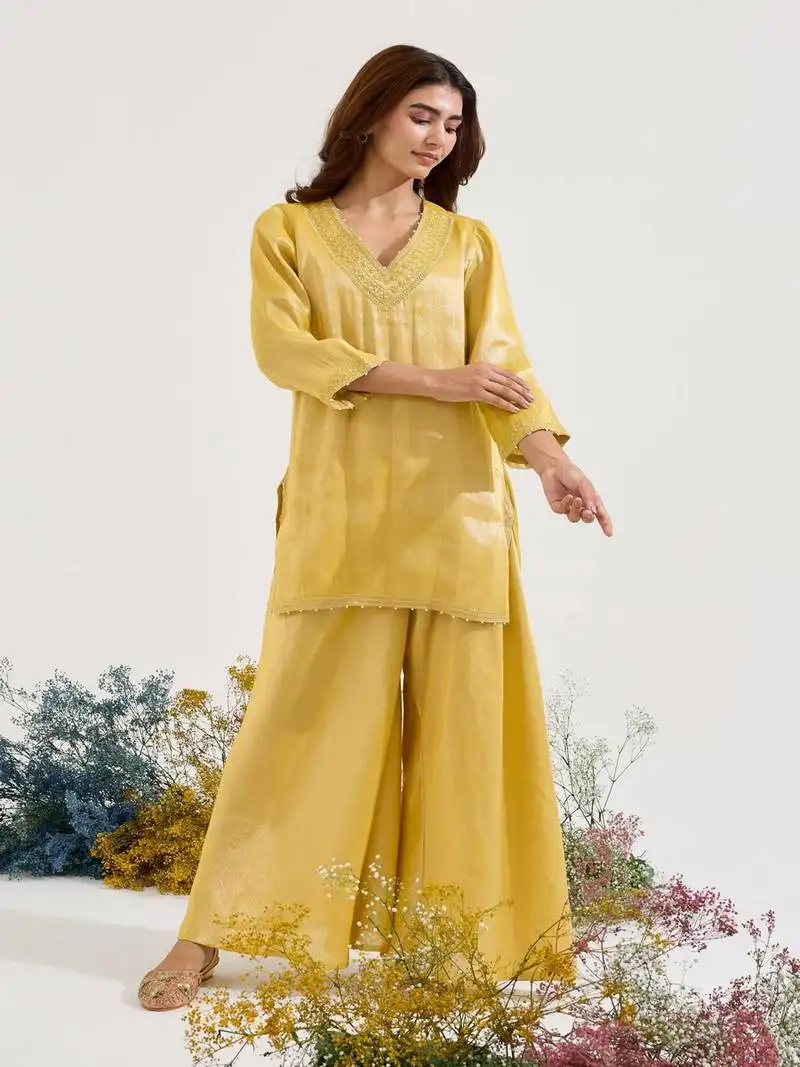 Mustard embroidered tissue kurta set