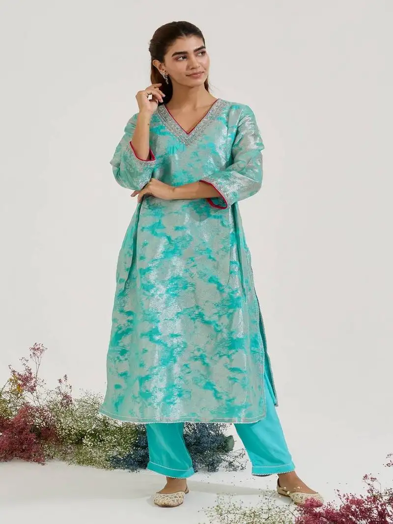 Aqua blue printed jacquard kurta set