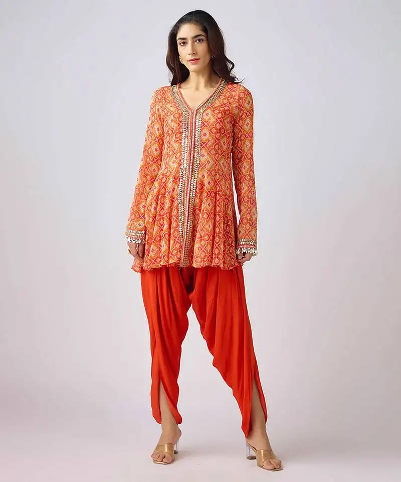 Orange printed georgette kurta set
