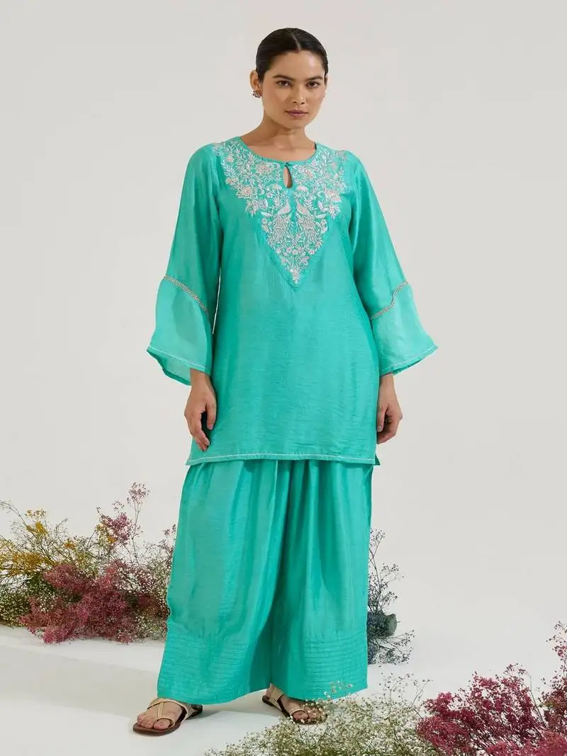 Aqua blue embroidered chanderi kurta set