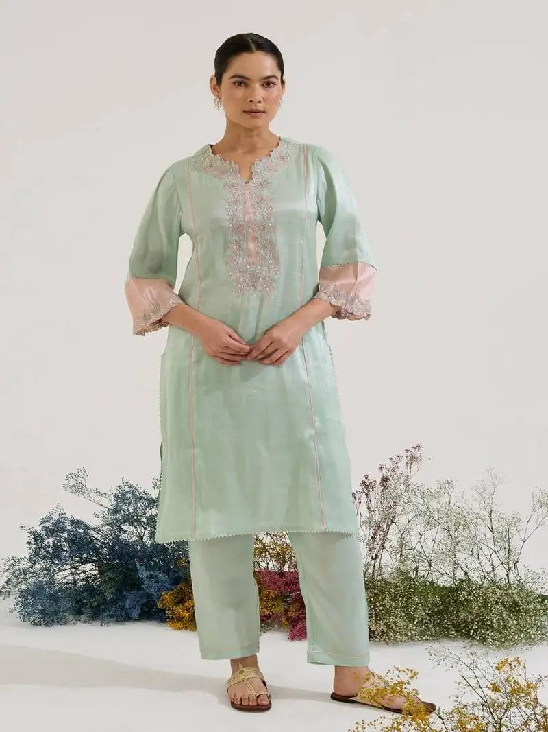 Mint green embroidered tissue kurta set