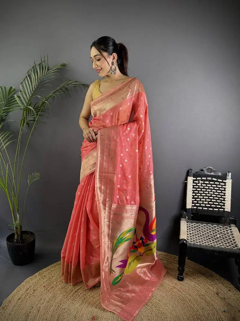 Pink heavy tissue mina butti zari weaving paithani saree