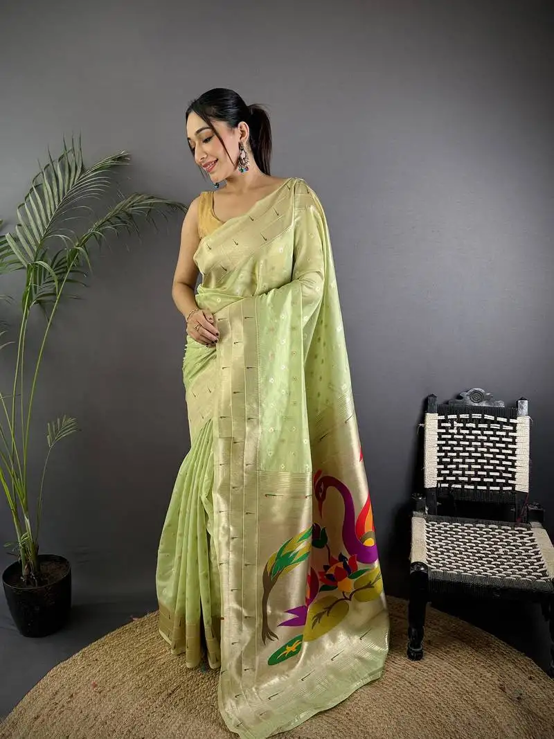 Olive green heavy tissue mina butti zari weaving paithani saree