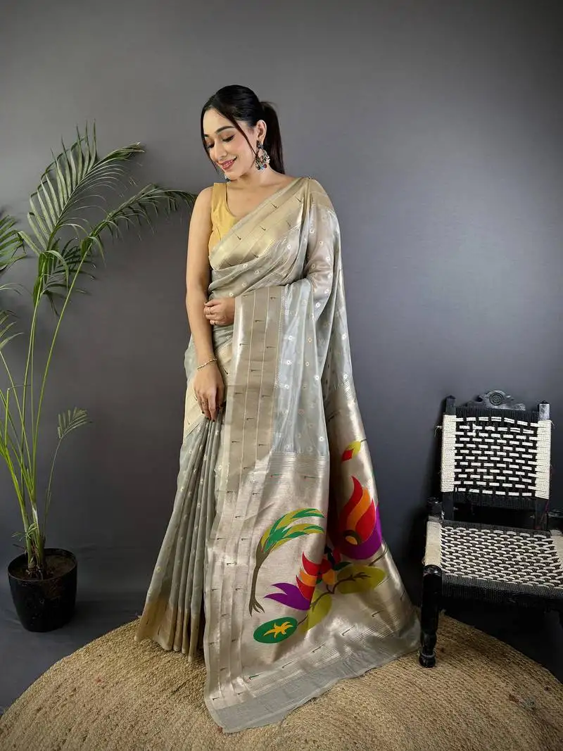 Grey heavy tissue mina butti zari weaving paithani saree