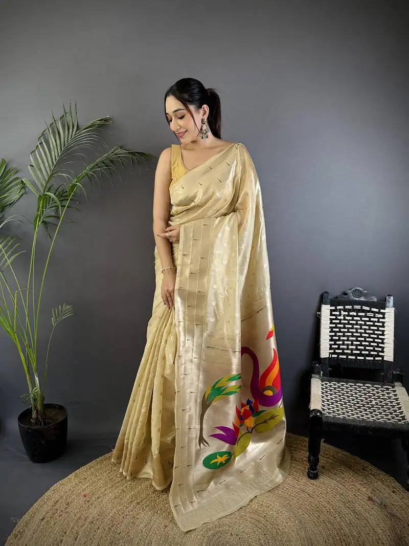 Beige heavy tissue mina butti zari weaving paithani saree