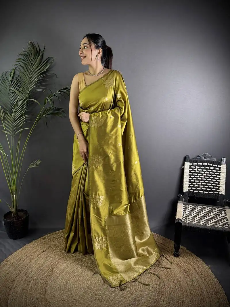 Olive green lichi blend silk flower zari weaving banarasi saree