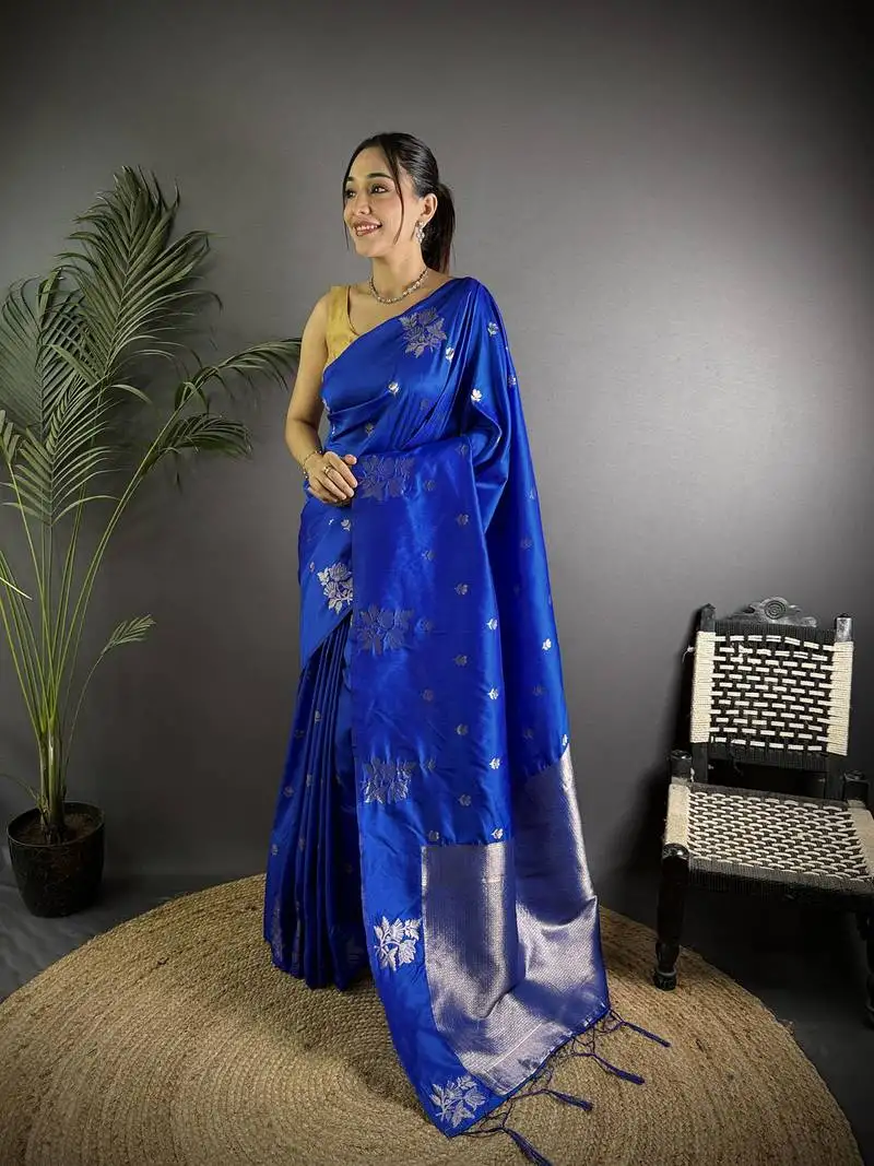 Royal blue lichi blend silk flower zari weaving banarasi saree