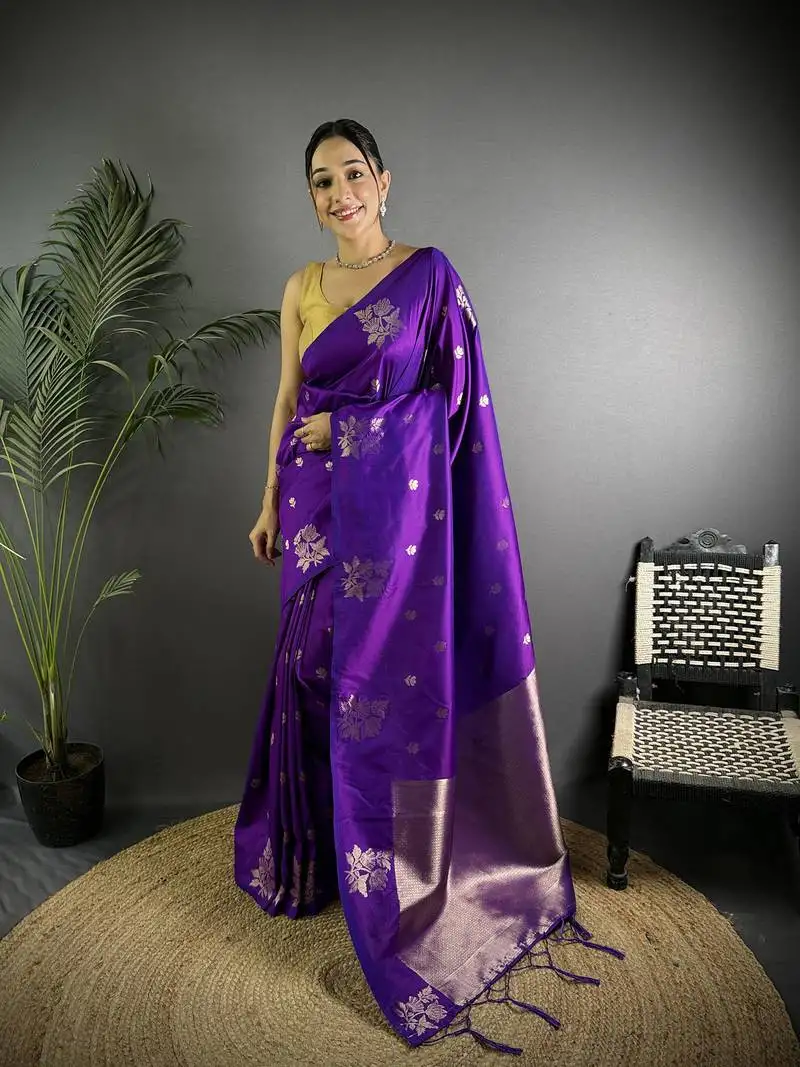 Violet lichi blend silk flower zari weaving banarasi saree