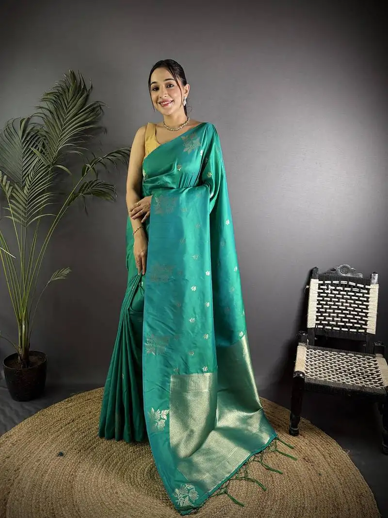 Teal lichi blend silk flower zari weaving banarasi saree