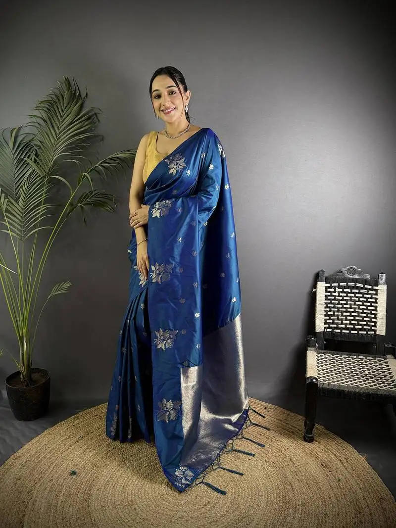Blue lichi blend silk flower zari weaving banarasi saree