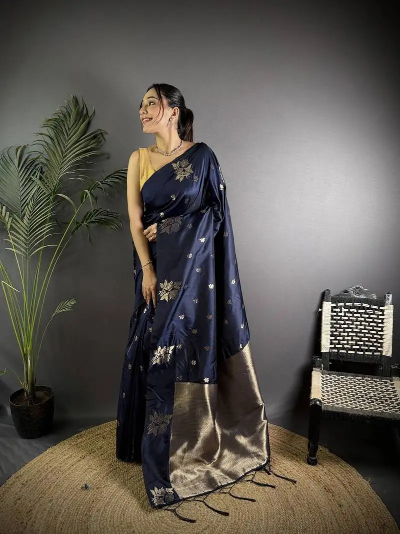 Navy blue lichi blend silk flower zari weaving banarasi saree