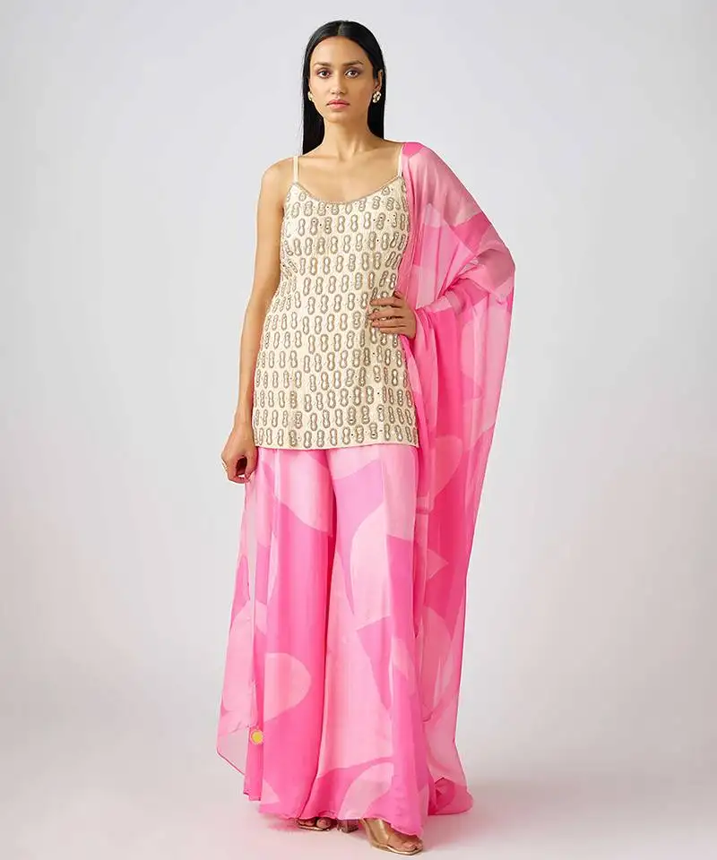 Pink embroidered silk sharara set