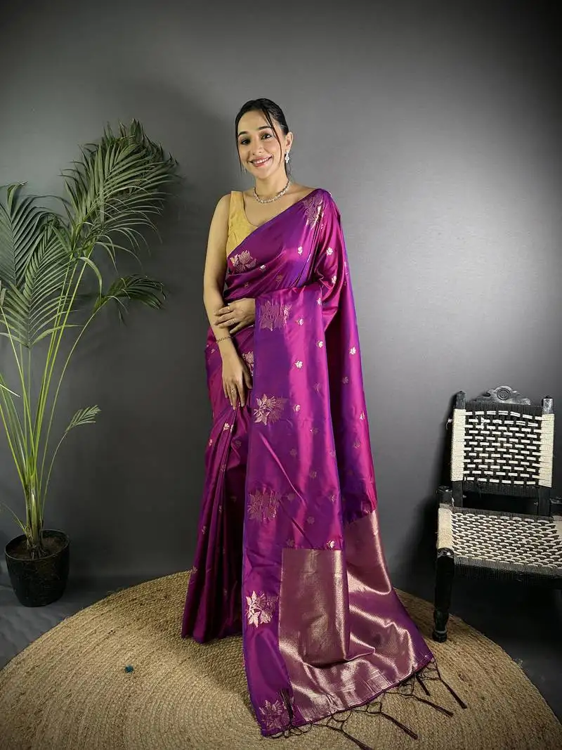 Purple lichi silk blend flower zari weaving banarasi saree