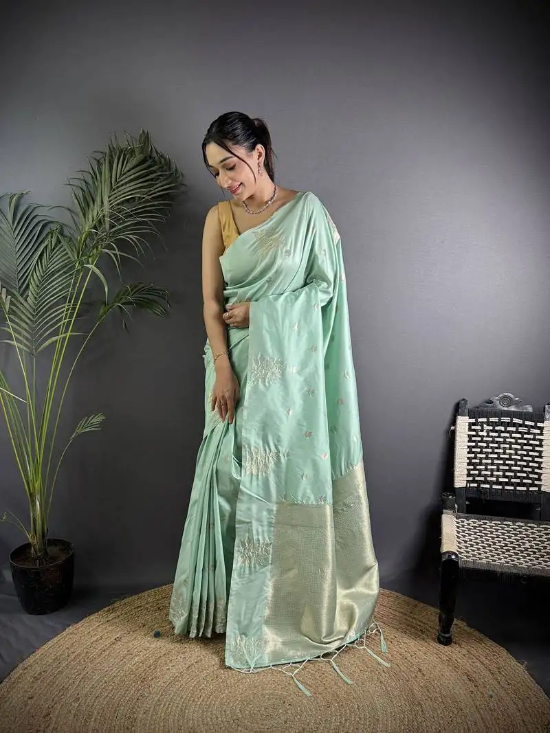 Sea green lichi blend silk flower zari weaving banarasi saree