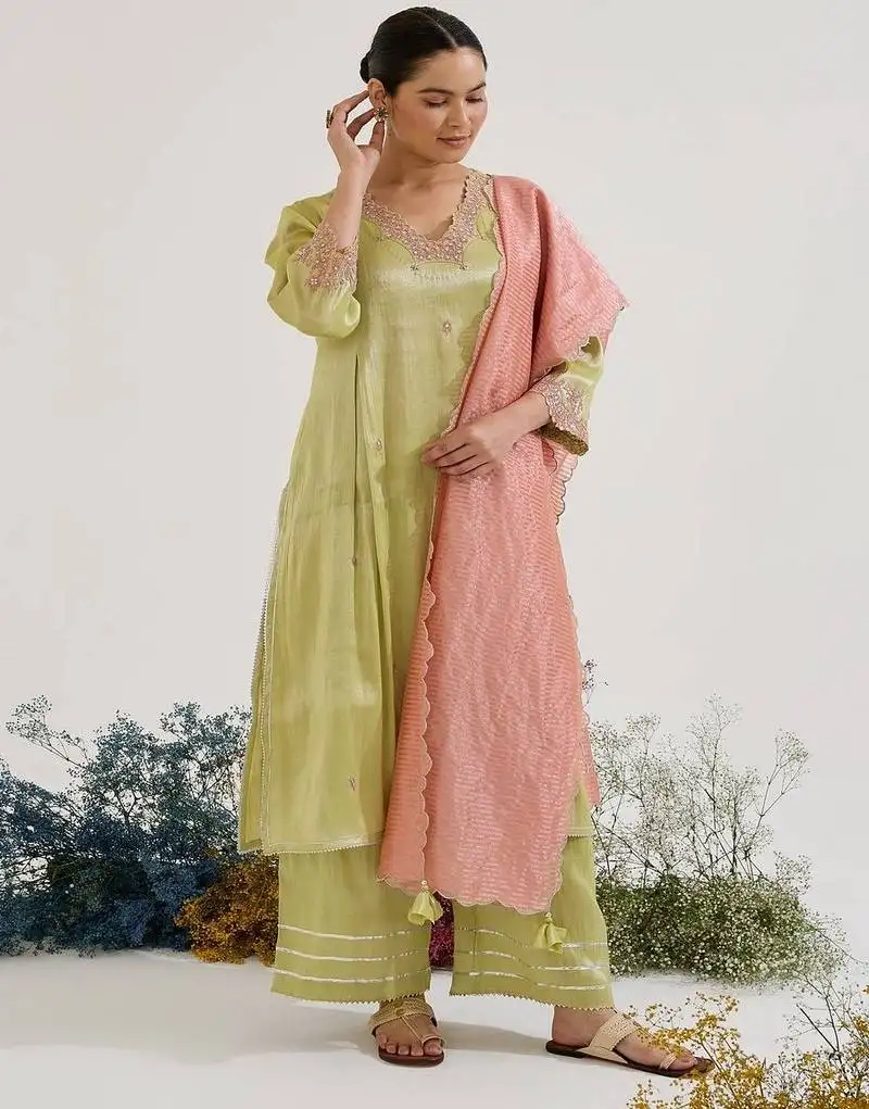 Lime embroidered tissue kurta set with dupatta
