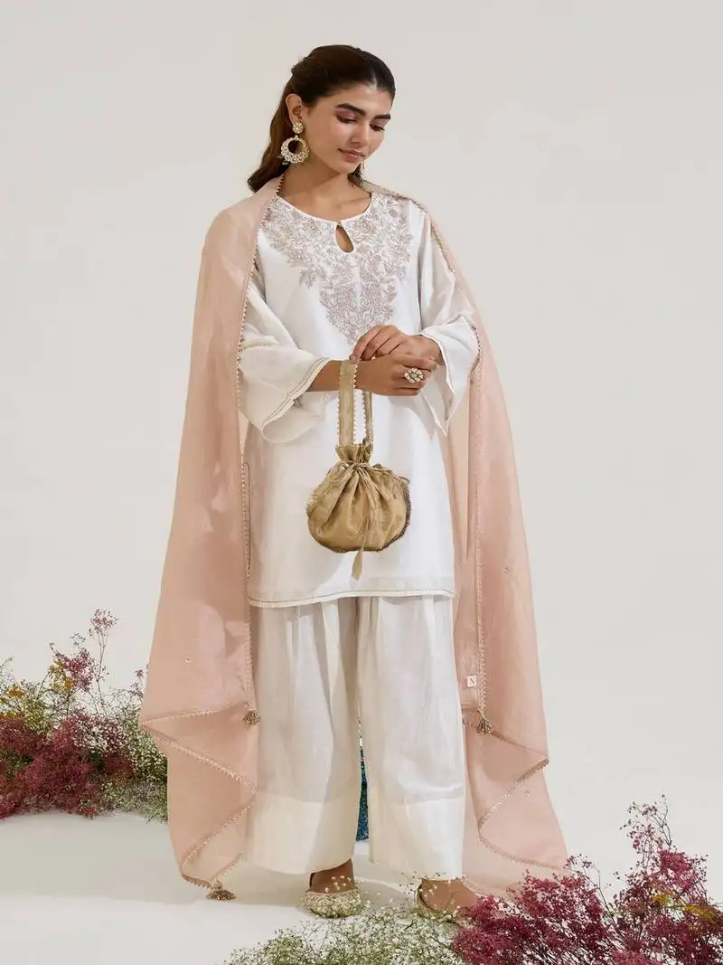 White embroidered chanderi kurta set with dupatta