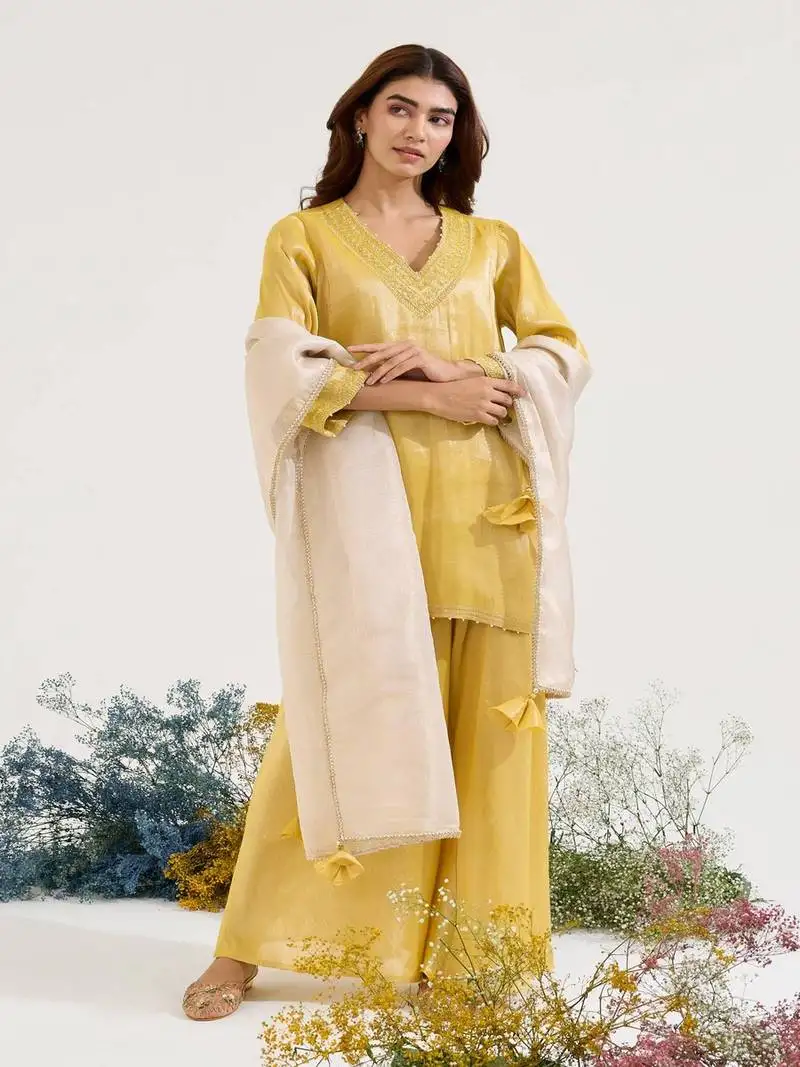 Mustard embroidered tissue kurta set with dupatta