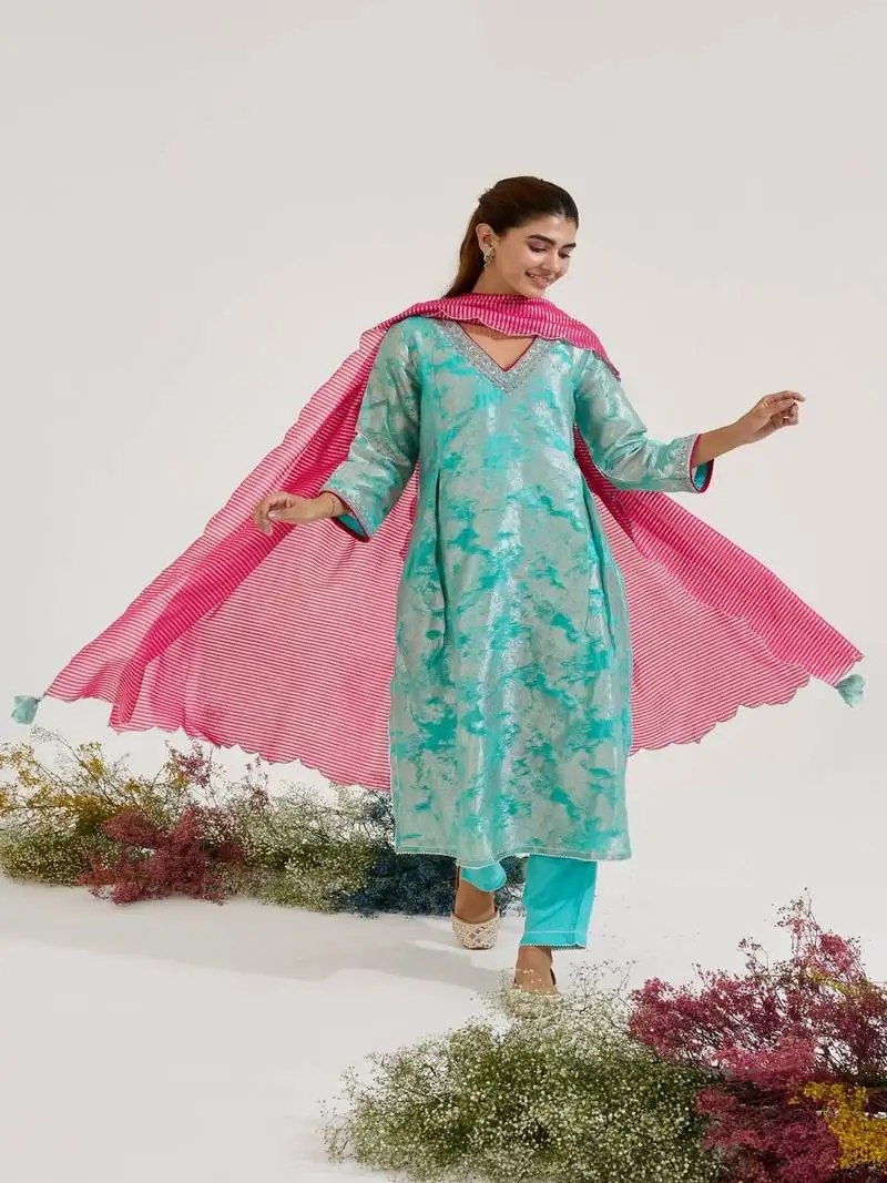 Aqua blue printed jacquard kurta set with dupatta