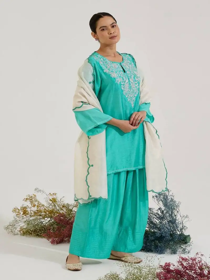 Aqua blue embroidered chanderi kurta set with dupatta