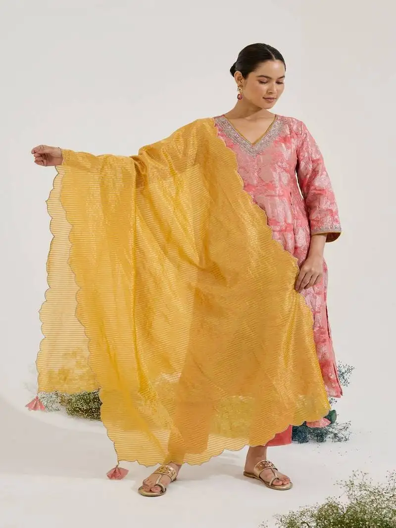 Blush pink printed jacquard kurta set with dupatta