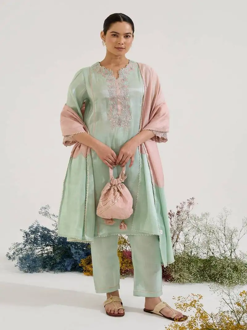 Mint green embroidered tissue kurta set with dupatta
