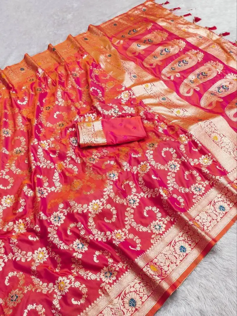 Pink soft art silk saree with zari weaving meenakari design