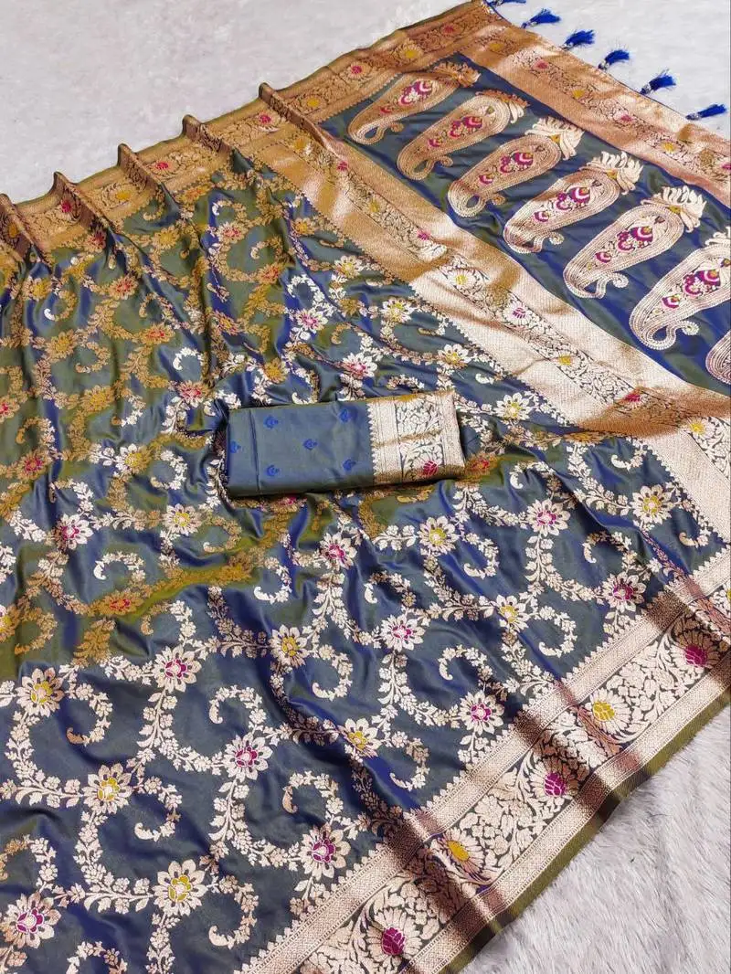 Grey soft art silk saree with zari weaving meenakari design