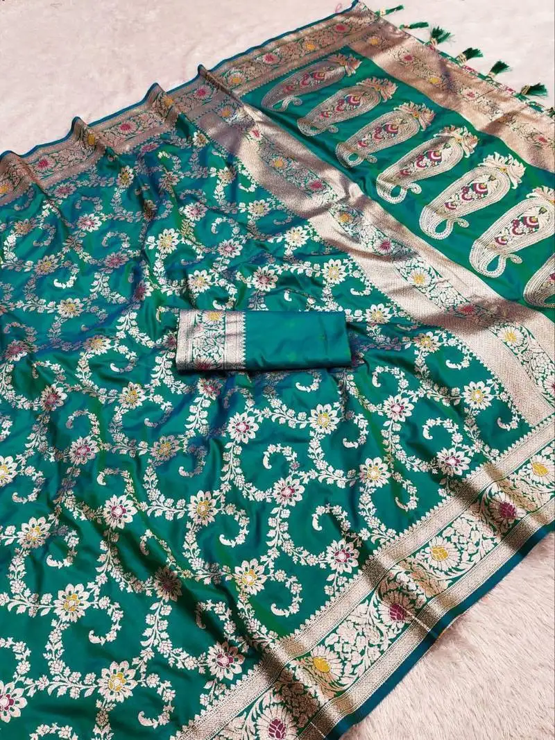 Sea green soft art silk saree with zari weaving meenakari design
