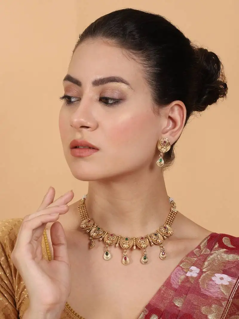 Gold plated kempu hydra rajwadi necklace set