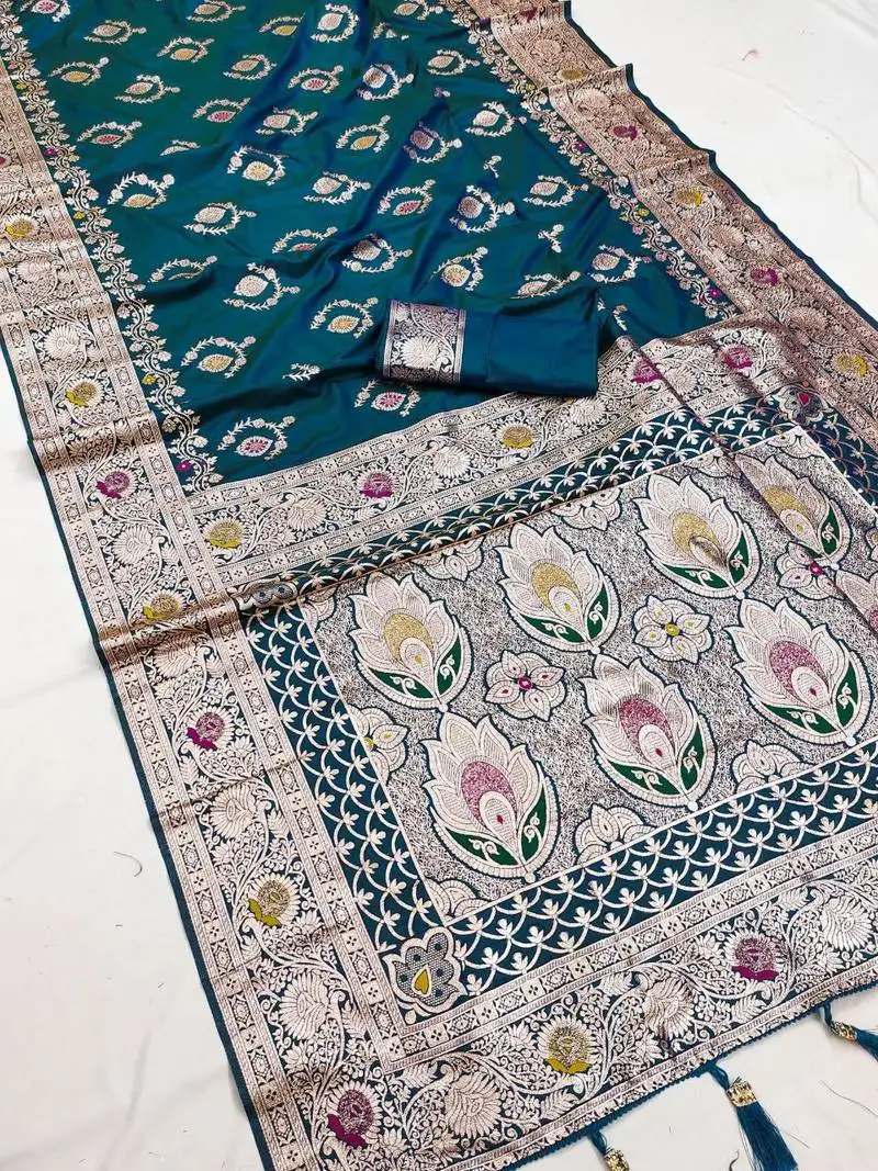 Teal soft art silk saree with zari weaving meenakari design