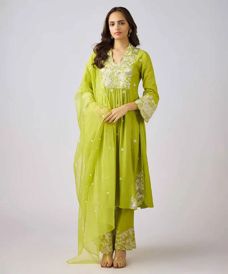 Lime green embroidered cotton silk kurta set