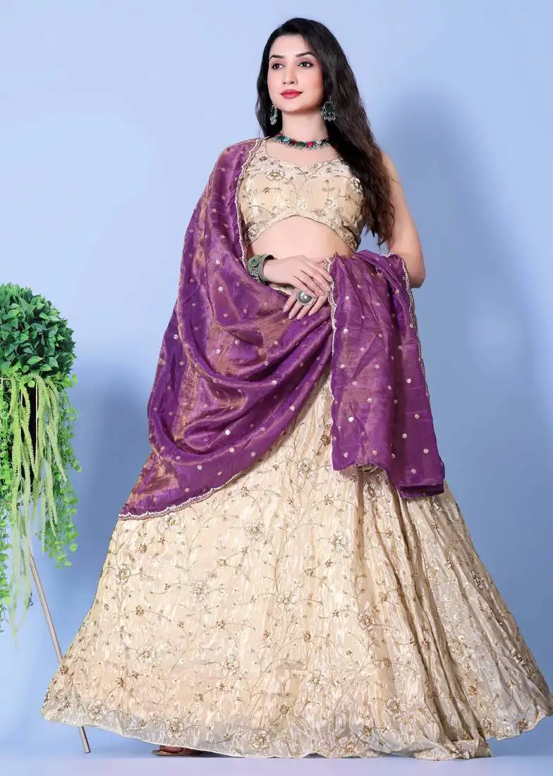 Purple and mint embroidered silk lehenga
