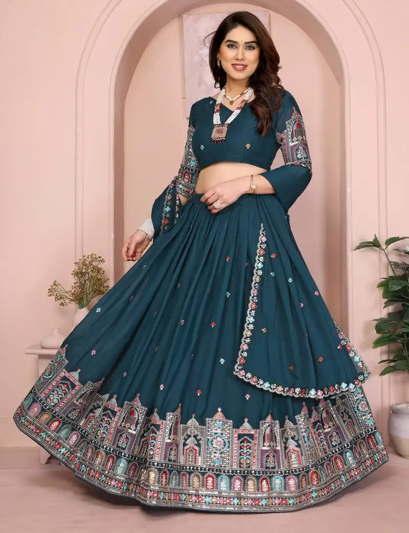 Fetching teal sequence embroidery work star georgette designer wedding indian lehenga choli dress