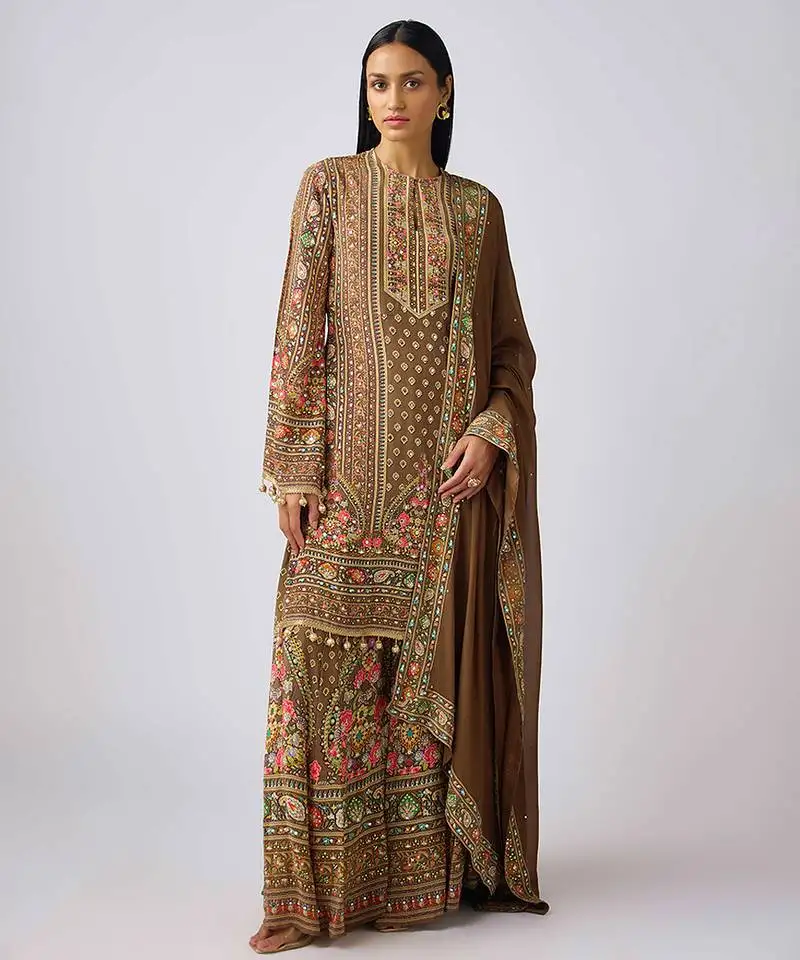 Brown embroidered chinon kurta suit