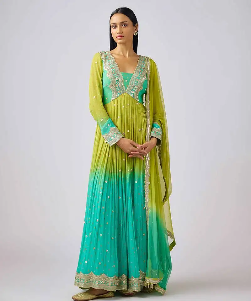 Lime green embroidered georgette anarkali