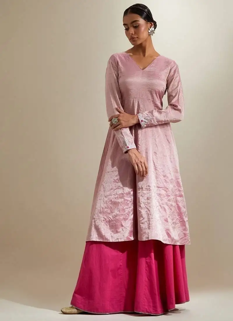 Pink plain chanderi anarkali